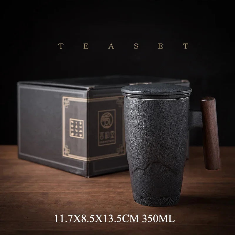 Ceramic Mugs Retro Tea Cup Luxury Large Capacity with Cover Wooden Handle Office Thermal Mug Personalized Gifts Home Drinkware