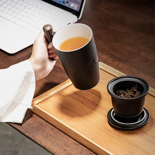 Ceramic Mugs Retro Tea Cup Luxury Large Capacity with Cover Wooden Handle Office Thermal Mug Personalized Gifts Home Drinkware