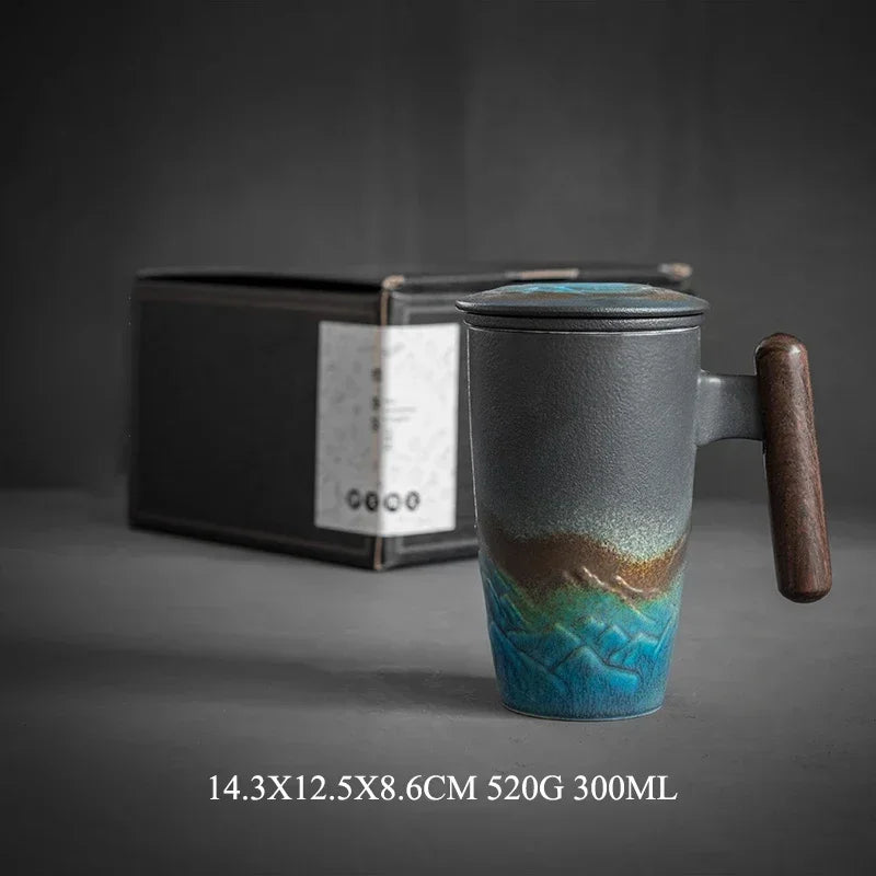 Ceramic Mugs Retro Tea Cup Luxury Large Capacity with Cover Wooden Handle Office Thermal Mug Personalized Gifts Home Drinkware