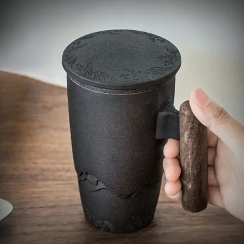 Ceramic Mugs Retro Tea Cup Luxury Large Capacity with Cover Wooden Handle Office Thermal Mug Personalized Gifts Home Drinkware