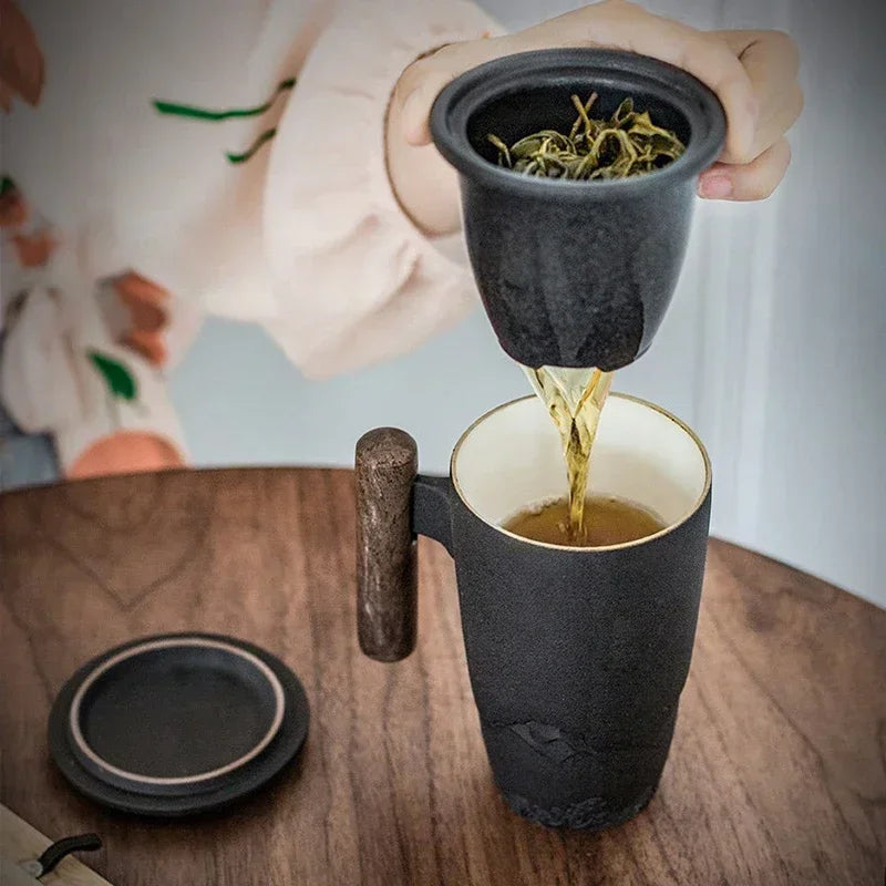 Ceramic Mugs Retro Tea Cup Luxury Large Capacity with Cover Wooden Handle Office Thermal Mug Personalized Gifts Home Drinkware
