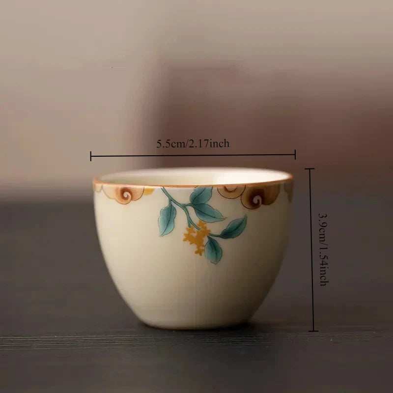 Chinese Traditional Ru Kiln Tea Cups Hand Painted Leaf Patterned Ceramic Tea Bowls Household Tea Cups