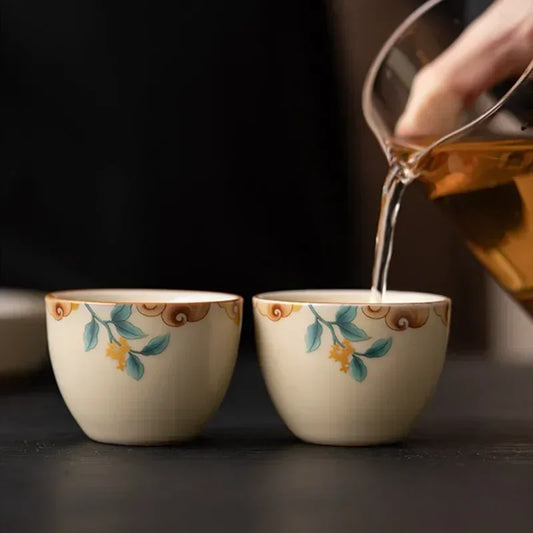 Chinese Traditional Ru Kiln Tea Cups Hand Painted Leaf Patterned Ceramic Tea Bowls Household Tea Cups
