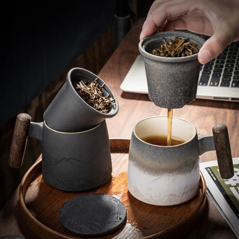 Ceramic Mugs Retro Tea Cup Luxury Large Capacity with Cover Wooden Handle Office Thermal Mug Personalized Gifts Home Drinkware