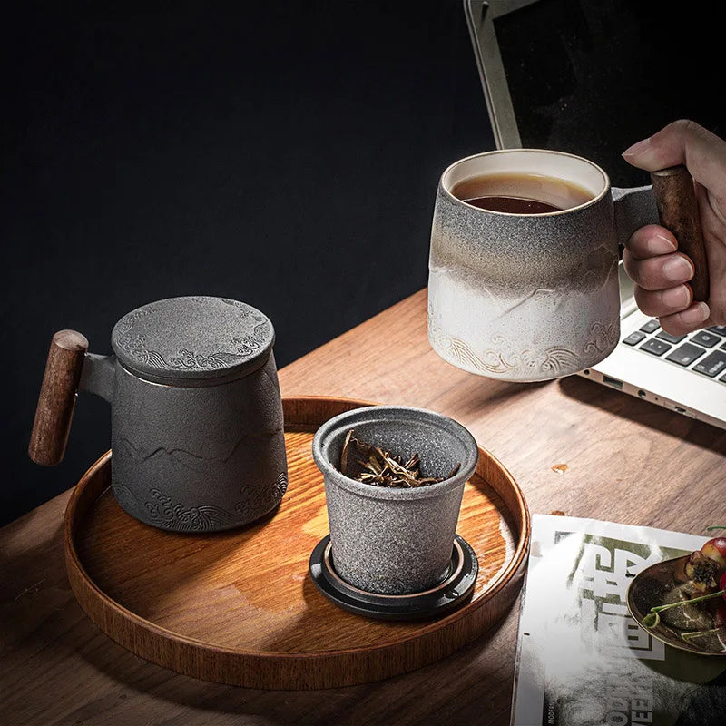 Ceramic Mugs Retro Tea Cup Luxury Large Capacity with Cover Wooden Handle Office Thermal Mug Personalized Gifts Home Drinkware