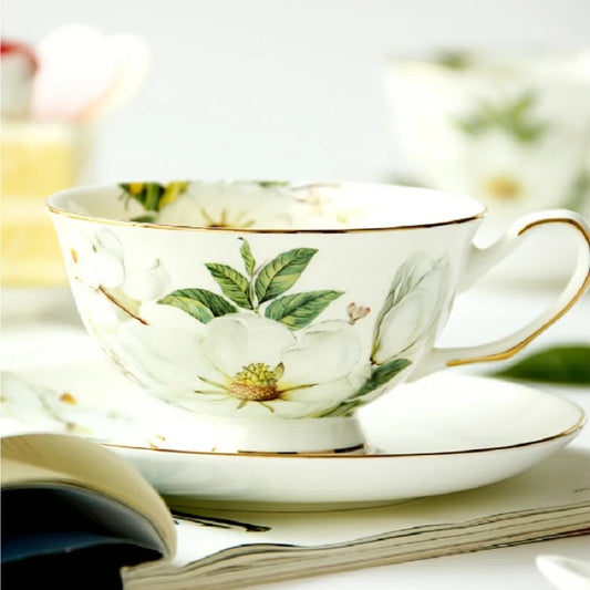 Elegant Camellia Ceramic Tea cup and Saucer Set - 5.7oz, Perfect for Tea Parties, Breakfast, and Everyday Elegance