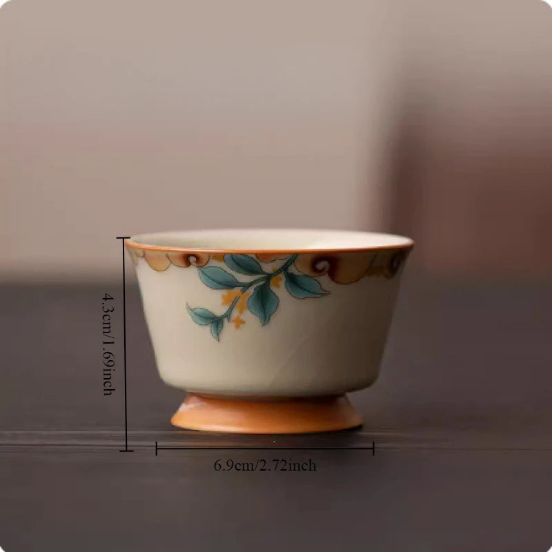 Chinese Traditional Ru Kiln Tea Cups Hand Painted Leaf Patterned Ceramic Tea Bowls Household Tea Cups