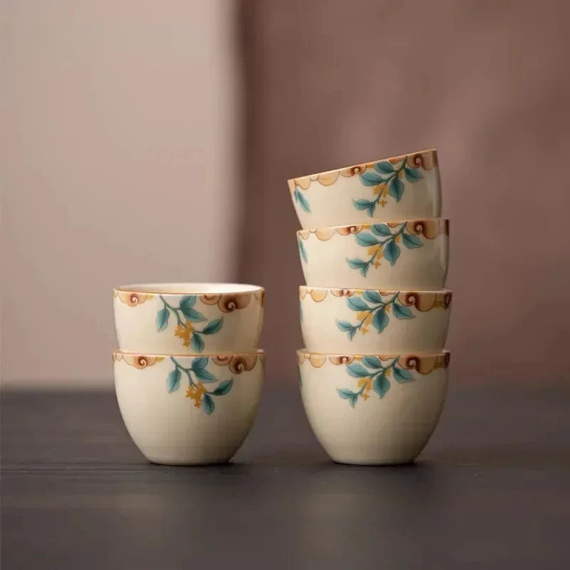 Chinese Traditional Ru Kiln Tea Cups Hand Painted Leaf Patterned Ceramic Tea Bowls Household Tea Cups