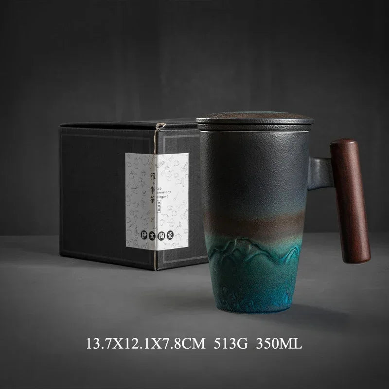 Ceramic Mugs Retro Tea Cup Luxury Large Capacity with Cover Wooden Handle Office Thermal Mug Personalized Gifts Home Drinkware