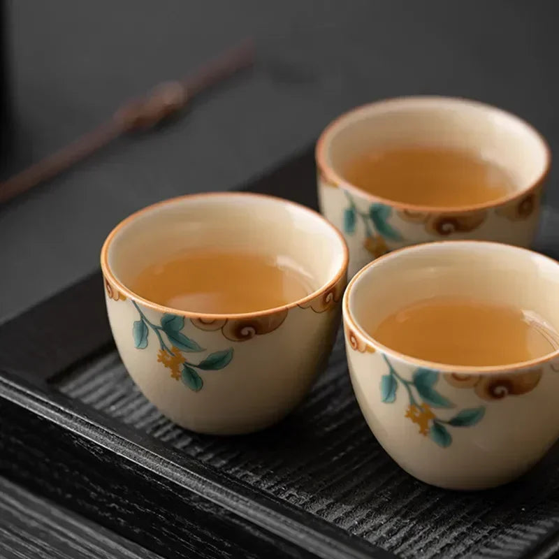 Chinese Traditional Ru Kiln Tea Cups Hand Painted Leaf Patterned Ceramic Tea Bowls Household Tea Cups