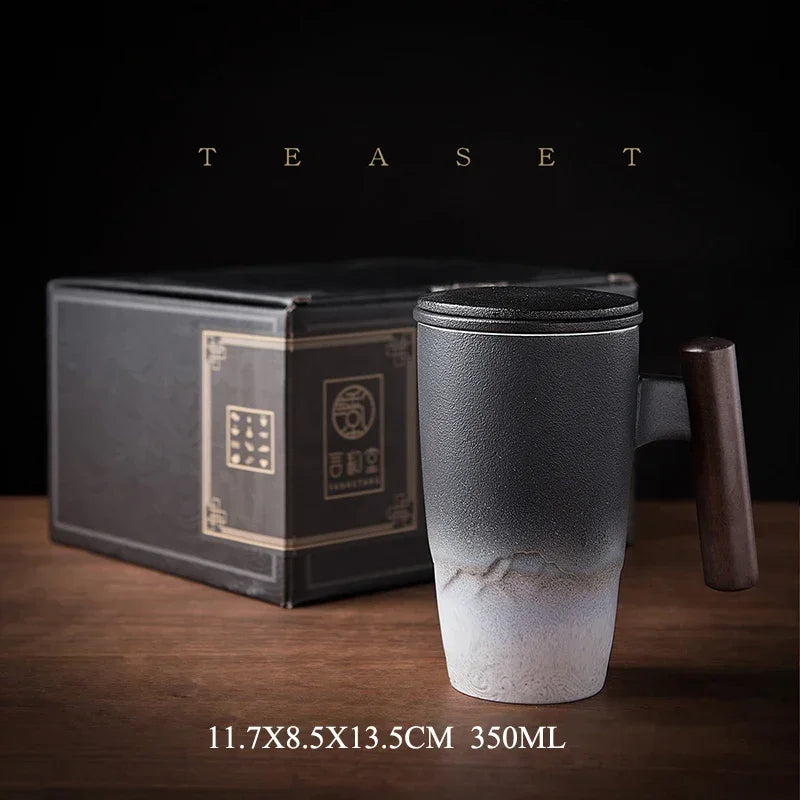 Ceramic Mugs Retro Tea Cup Luxury Large Capacity with Cover Wooden Handle Office Thermal Mug Personalized Gifts Home Drinkware