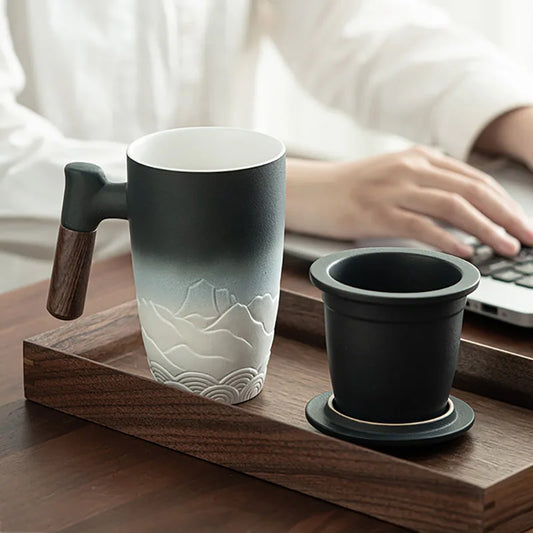 Ceramic Mugs Retro Tea Cup Luxury Large Capacity with Cover Wooden Handle Office Thermal Mug Personalized Gifts Home Drinkware