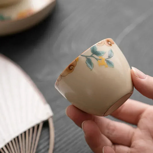 Chinese Traditional Ru Kiln Tea Cups Hand Painted Leaf Patterned Ceramic Tea Bowls Household Tea Cups